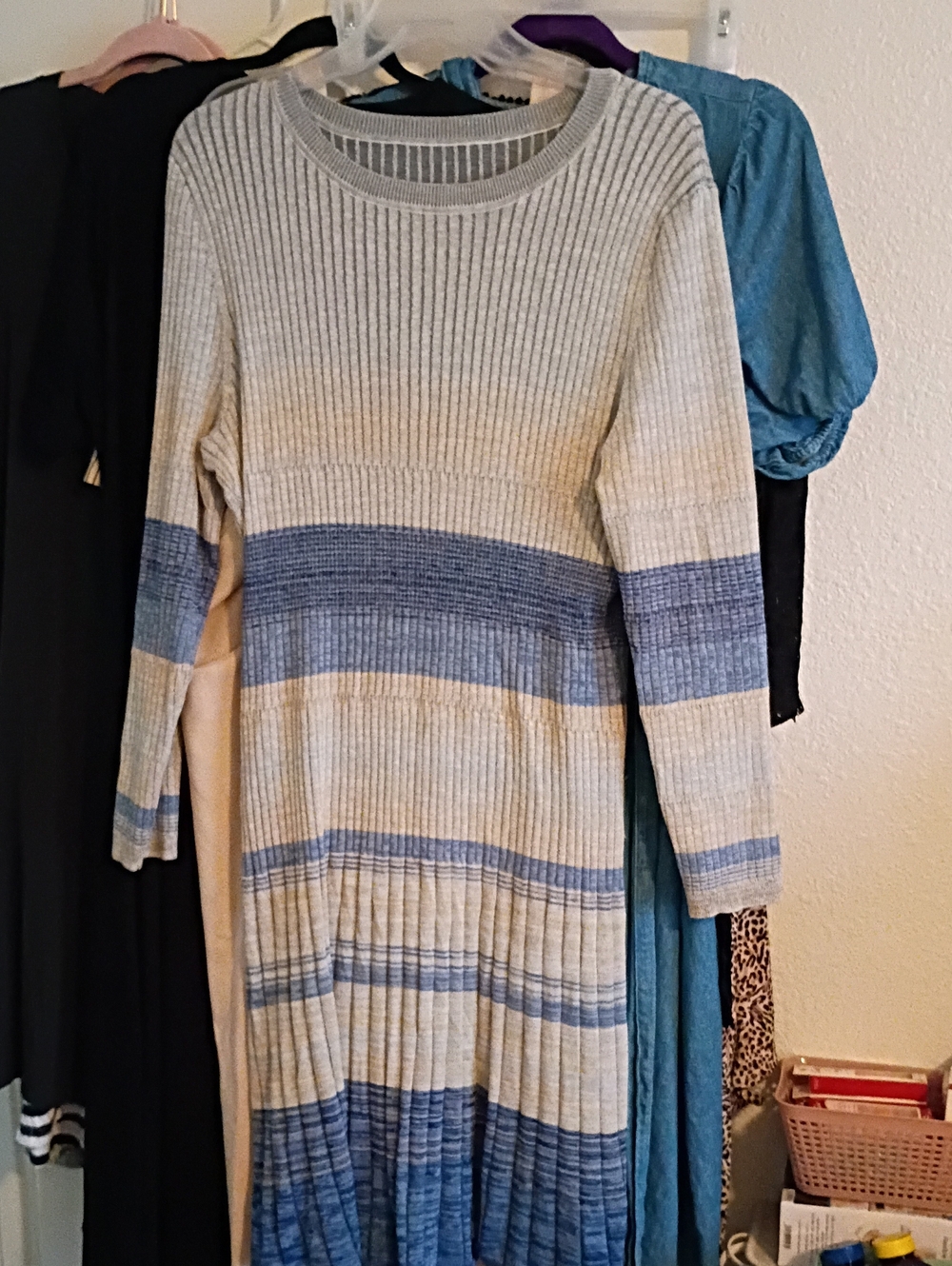 No Boundaries Beige and Blue Ribbed Long-Sleeve Knit Dress